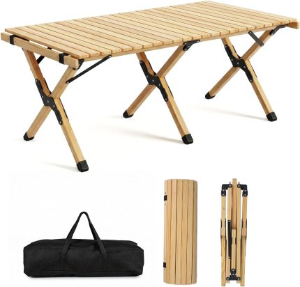 Folding Picnic Table, Portable 4ft Roll Up Camping Table with Storage Bag, for 4-6 People, Low Height Foldable Pine Wood Bench Table, for Indoor & Outdoor Party, BBQ & Hiking